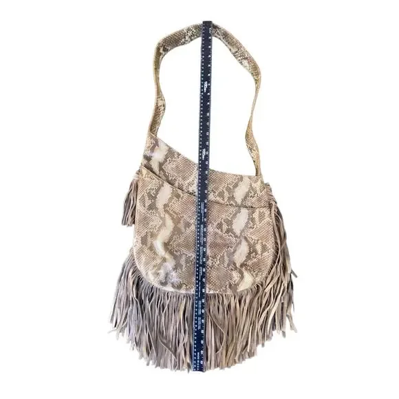 Camila Mues Faux Snake Real Leather Bag Purse Tote Fringe EUC A100241